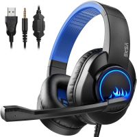 EKSA T8 PS4 Headset Gaming Headphone with Noise Canceling Mic, Wired PC Headset with Surround Stereo Sound, Flame LED Light, Soft Memory Foam Earmuffs For PS4, PS5, PC, Xbox One, Laptop, Tablet, Mobile (Flame Blue)