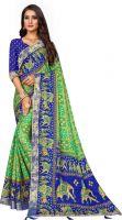 Saree Nx Printed Bandhani Silk Blend Saree  (Dark Blue, Light Green)