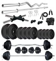 FITMAX PVC 50KG combo 343 WB Home Gym Set with One 3 Ft Curl + One 3 Ft Plain and One Pair Dumbbell Rods with Gym Accessories