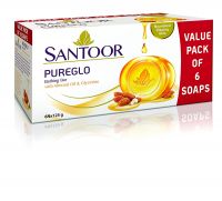 Santoor PureGlo Glycerine Bath Soap with Almond Oil For Moisturized, Nourished and Shining Skin, 125g (Pack of 6)