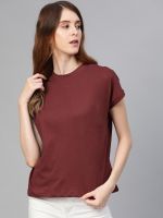 Roadster Women Burgundy Solid Round Neck Pure Cotton T-shirt