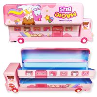 Umadiya® Branded Metal Double Decker Bus Shape Pencil Box for Kids with Moving Tyres & 3 Compartments Pencil Case