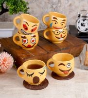 Yellow 100 Ml Ceramic Emoji 6 Pcs Tea Cup, 