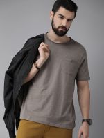 Roadster The Lifestyle Co Men Charcoal Grey Solid Round Neck Pure Cotton T-shirt