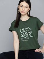 CHEMISTRY Women Printed, Typography Round Neck Pure Cotton Green T-Shirt