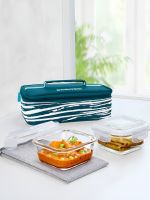 [Use Myntra Kotak Credit Card] Borosil 2 Pieces Teal Blue & Transparent Square Glass Lunch Box 320 ml With Bag