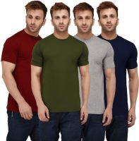 London Hills Solid Men Round Neck Maroon, Dark Green, Dark Blue, Grey T-Shirt(Pack of 4)