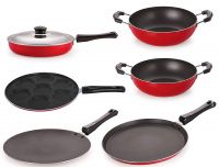 Nirlon Non-Stick Aluminium Cookware Utencils Set with 1 Lid, 6-Pieces, Red & Black