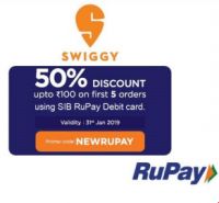 [New Users] 50% Off (Max Rs.100) on First 5 Orders using RuPay Card 