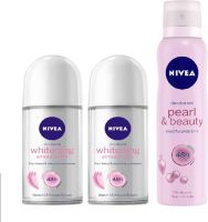 Nivea Whitening Smooth Skin Roll On & Pearl & Beauty Deodorant Combo - Pack of 3 Body Spray  -  For Women  (250 ml, Pack of 3)