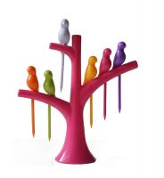 VG Plastic Fruit Fork Set with Stand, 6-Pieces, Multicolour (Pack of 1 Stand & 6 Forks)