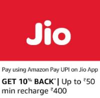 Get 10% Back Upto Rs. 50 on Rs. 400 Jio Recharge using Amazon Pay UPI 