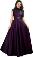 stylevilla Satin Blend Stitched Flared/A-line Gown  (Purple)