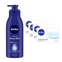 Nivea Body Milk, Nourishing Lotion (400 ml X 1) & Crème Soft Soap (125 g X 4)