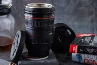 Lajini Camera Lens Shaped Coffee Mug with Lid,Steel Insulated Travel Mug, Thermos (400 ML, Black)