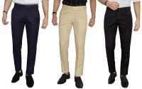 Kundan Slim Fit Men Poly-Viscose Blend Trousers (Pack of 3 Trousers; Multicolor)
