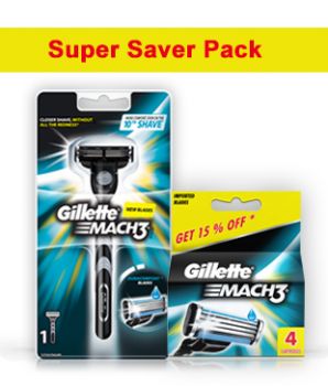 Gillette Mach3 Razor + 4 Cartridges (save Rs 136)