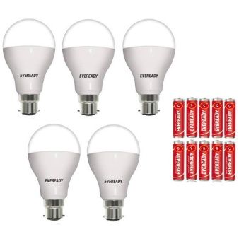 Eveready 12W-6500K Cool Day Light Led Bulb (Pack Of 5 With 10 Battery Free)