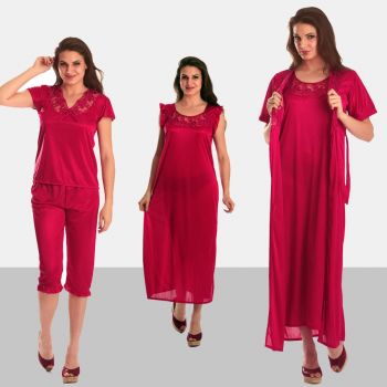 4 Pcs Freesize Stretchable Satin Nightwear In Dark Pink