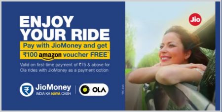 Get Rs 100 Amazon Voucher on 1st Ola Ride Paid via JioMoney 