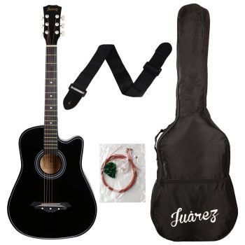 Juarez JRZ38C 6 Strings Acoustic Guitar 38 Inch Cutaway, Right Handed, Black with Bag, Strings, Picks and Strap