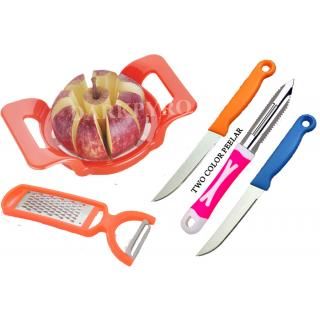 Combo Of ABS Plastic Apple Cutter+ Grater and Peeler+Knife+Peeler [Set of 5] Multicolor