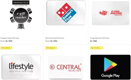 Upto 20% Cashback on Popular E Gift Cards (Dominos Pizza, Shoppers Stop) 