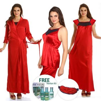 Pack of 5 Premium Satin Nightwear In Red, Nightwear