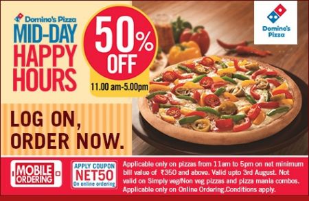 [11am to 5PM till 21st September ] Flat 50% Off on Rs. 350 on Dominos Pizzas 