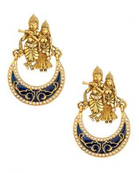 Voylla Pair Of Radhakrishna Earrings With Blue Enamel Work