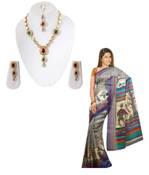 Kriaa Festive Necklace Set With Maang Tika & Saree  or Dress Material Combo
