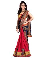 Grab and Pack Blue and Red Georgette Designer Embroidered saree with Blouse Piece
