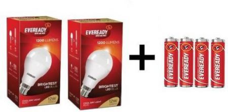 Eveready 12W LED Bulb Pack of 2 with Free 4 Batteries