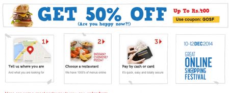 [GOSF 2014] 50% Or Max Rs.400 Off on Order Food Online 